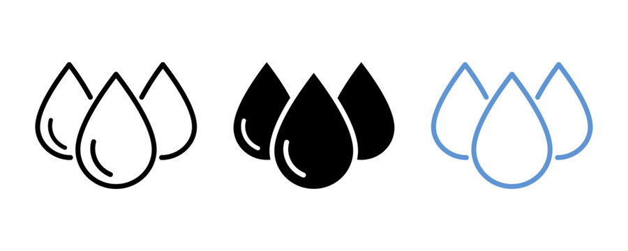 Water drop icon set. Blue, black and line droplet icons collection. Drop shape icons. Blood or oil drop icon. Plumbing logo. Vector illustration.