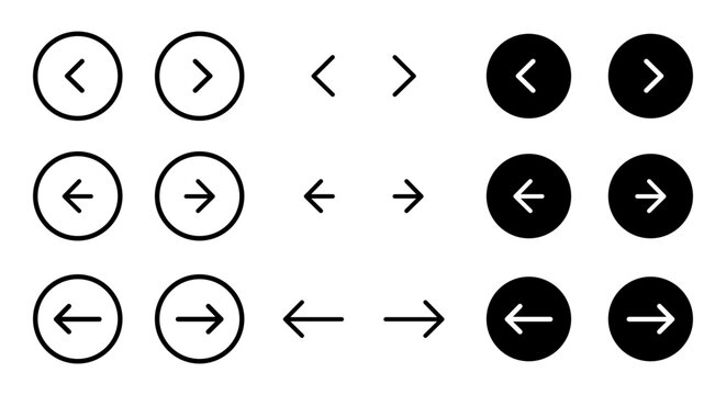 Arrow buttons icon set. Website slider navigation symbols. Next and previous rounded buttons for app. Web interface arrow buttons isolated illustration.