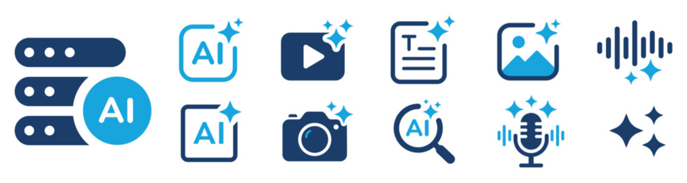 AI generation technology icon set modern flat vector collection of artificial intelligence symbols.