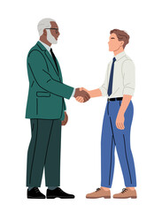Obraz premium Two men shake hands, one older, one younger. They smile gently, sharing mutual respect. Formal attire suggests a business or professional context. Ideal for partnership, mentorship