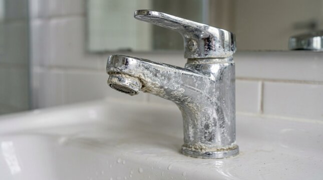Faucet with limescale buildup in a bathroom setting  