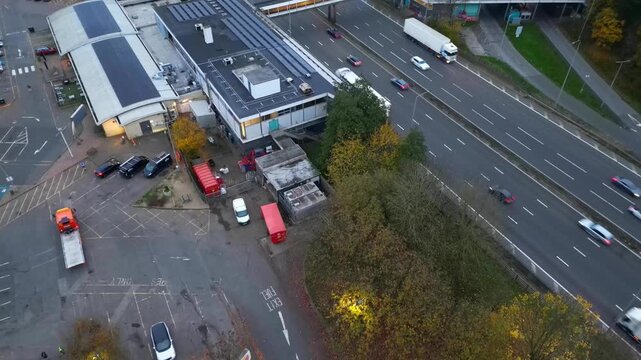 Time Lapse Footage. Urban Drone Flight Above Streets of British City and Town of England Great Britain. Drone Mounted Wide Angle Camera Footage Was Captured During Cold Day of 26th March, 2026.