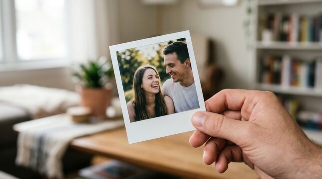Person holding a photo of couple smiling in cozy living room  