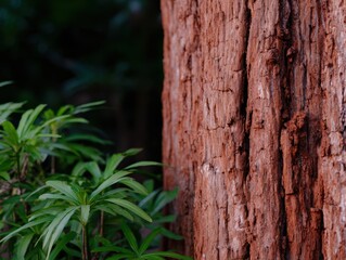 Obraz premium 木の樹皮と緑の植物のクローズアップビュー