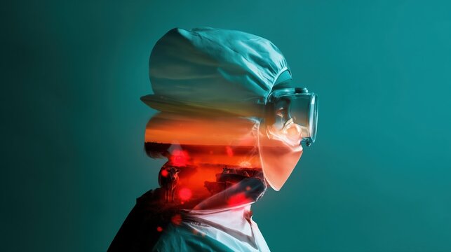 A cinematic double exposure of a woman scientist in protective gear, her silhouette merging with quarantined cattle on a rural farm. 