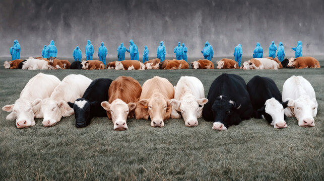 A quarantined pasture with motionless cattle is inspected by veterinarians in blue protective suits. The somber scene highlights a biosecurity incident in agriculture.