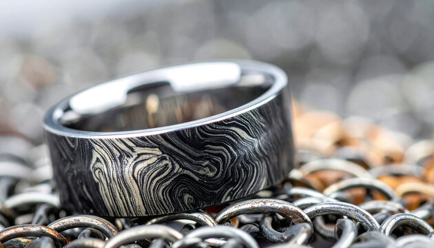Photorealistic damascus steel ring macro shot