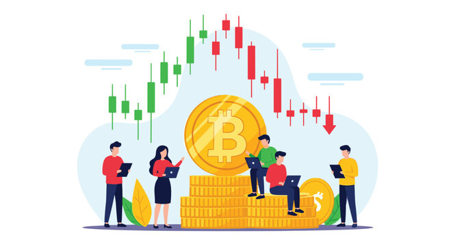 Cryptocurrency market trading with professionals monitoring bitcoin price charts and investment statistics on their laptops.