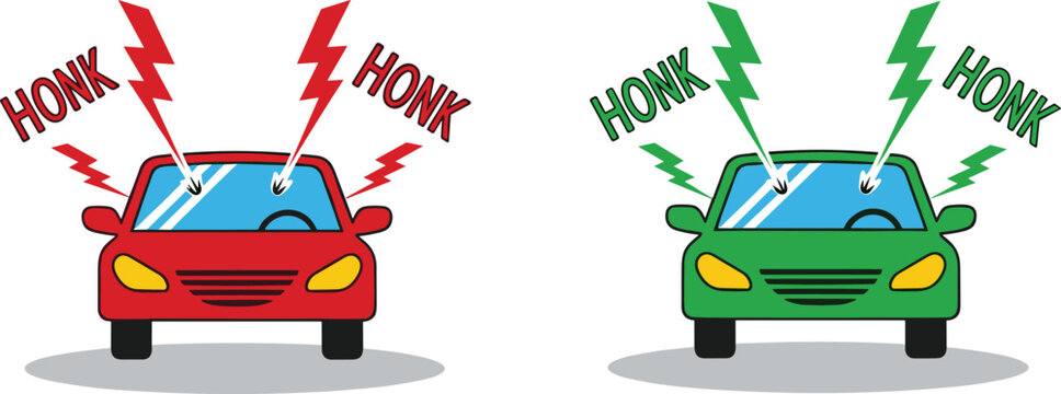 Two cartoon cars honking horns, red car with red honk signals and green car with green honk signals.