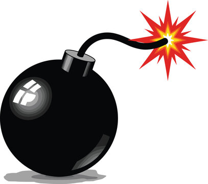 Exploding bomb with fuse lit, symbol of danger and explosion, cartoon style.