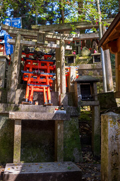 Traditional Torii Gates and Stone Altar at Fushimi Inari Shrine