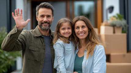 Fototapeta premium Happy family with parents and daughter waving in front of their new house surrounded by cardboard moving boxes. Real estate and home ownership concept. Defocused house facade. New