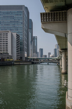 Modern Skyscrapers and Elevated Highway along the Dojima River in Osaka