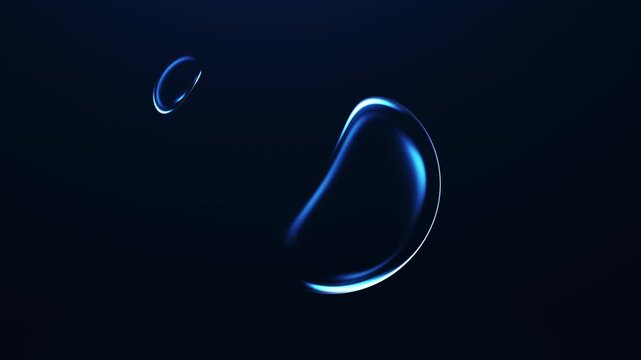 Abstract blue liquid forms flowing on dark background with glossy highlights and smooth fluid motion. Minimal futuristic visual with elegant depth and seamless loop.
