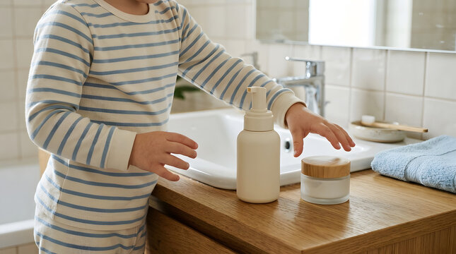Child reaches for a pump bottle on the bathroom counter, showing independent kid skincare habits and children skincare product use at home