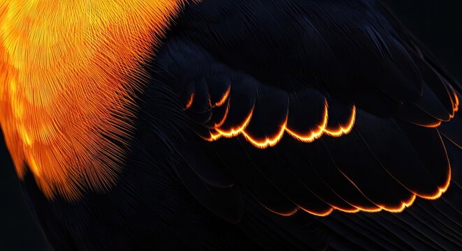 Intense orange glow illuminates the fine texture of dark plumage in a close up