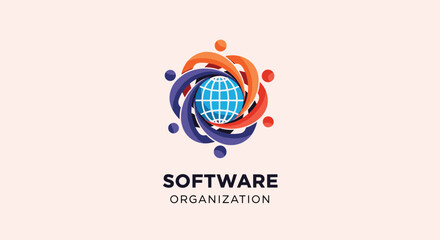 Fototapeta premium Modern logo for a software organization featuring a blue globe surrounded by interconnected human silhouettes in bright colors.