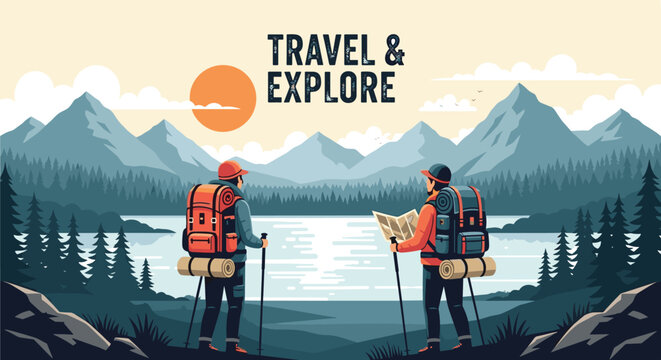 Two hikers with large backpacks stand by a serene mountain lake looking at a map under a setting sun for travel and exploration.