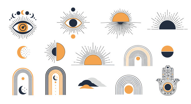 Set of elegant mystical line art icons featuring eyes, celestial bodies, rainbows, and a decorative hamsa hand symbol.