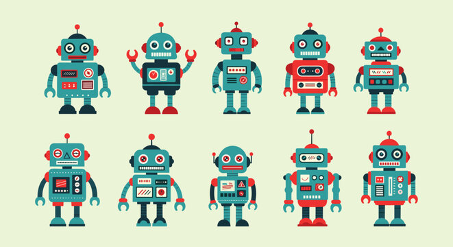 Diverse collection of ten retro style toy robot characters in blue and red colors with various antenna and screen designs.
