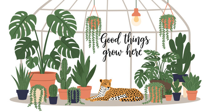 Stunning leopard resting in a lush greenhouse filled with diverse tropical houseplants under a Good things grow here neon sign.