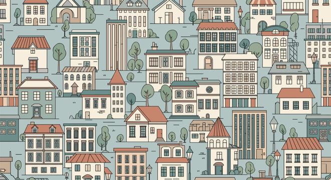 Detailed seamless pattern of various colorful houses and city buildings with small trees and street lamps in a charming town.