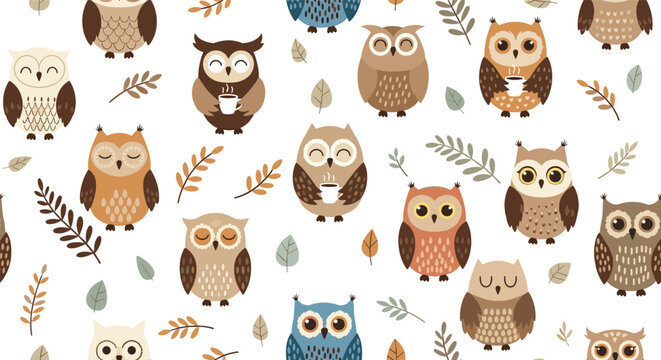 Seamless pattern featuring cute cartoon owls in various brown and blue shades holding coffee mugs on a white background.