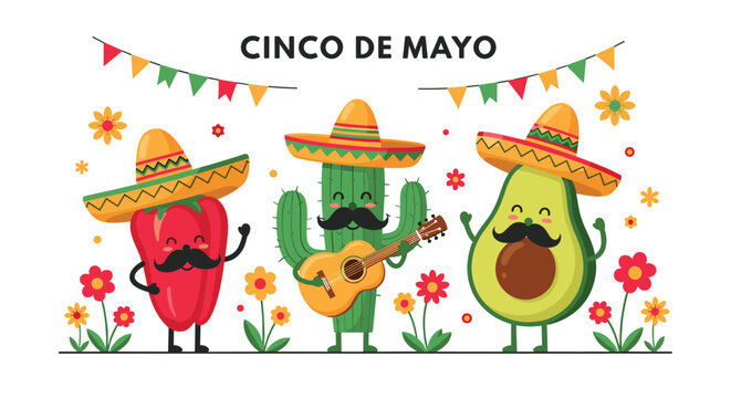 Festive Cinco de Mayo celebration with cute cartoon pepper, cactus, and avocado characters wearing sombreros and playing music.