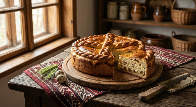 Traditional Romanian Easter Cheese Cake Pasca on Rustic Wooden Table with Quail Eggs