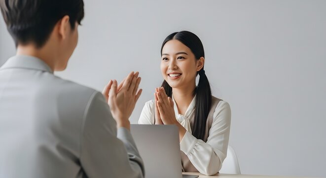 Happy Asian businesswoman showing gratitude to colleague in office