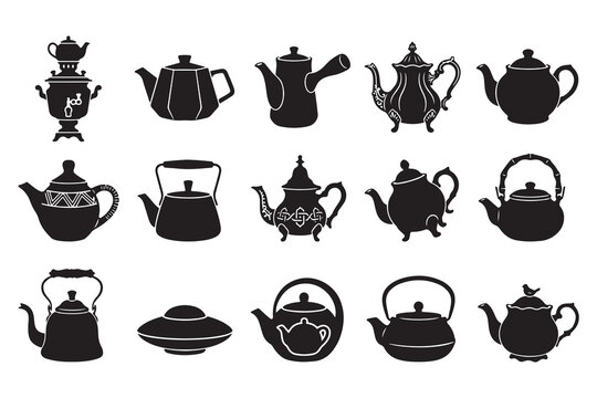 Vintage teapot silhouettes collection, set of 15 black tea kettle icons, traditional samovar and ceramic pot vector elements for cafe branding