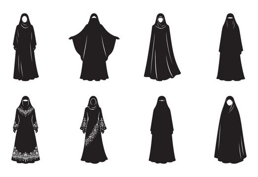 Muslim woman silhouette icons set, traditional abaya and niqab clothing vector, 8 black female figures in modest islamic dress for cultural design