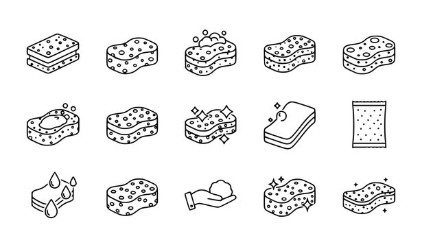 Sponge outline icons set with cleaning and dishwashing symbols vector isolated on white