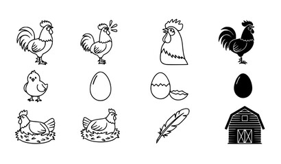 Modern rooster icons collection with cockerel poultry farm and egg symbols filled and outline vector isolated on white © Shukimon