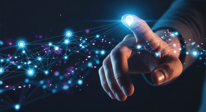 Human hand touching digital network of glowing lights and dots abstract concept