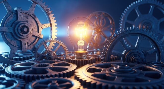 Mechanical gears and illuminated lightbulb concept of innovation and ideas