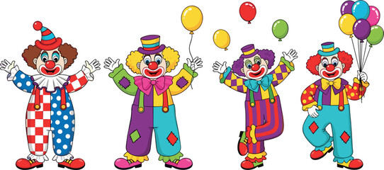 Colorful Clown Cartoon Character Set with Balloons Funny Circus Entertainers in Bright Costumes Party Celebration Illustration Collection © DabashChandra