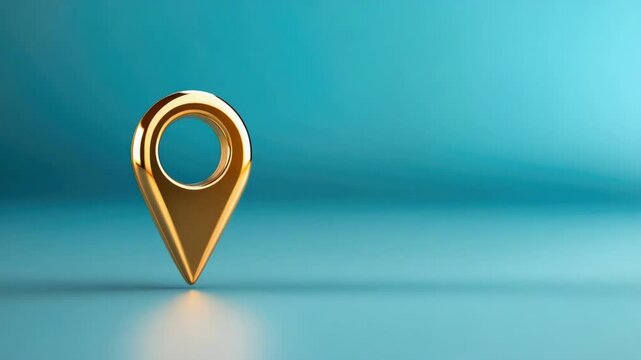 Golden location pin on water. 3d navigation pointer for business address and map positioning. Abstract background for travel or marketing. Place of shining.