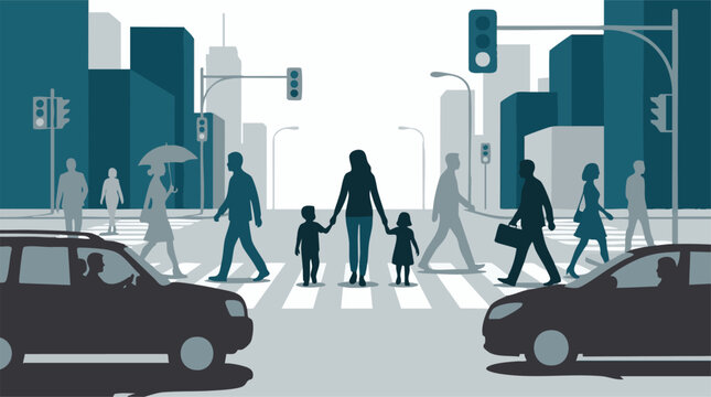Urban city scene with diverse pedestrians crossing street at crosswalk