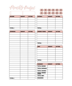 Monthly budget planner, tracker template with notes section, self care journal page, graphic design illustration wallpaper, time management 