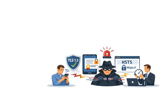 Man-in-the-Middle Attack Prevention Illustration &ndash; Secure TLS 1.3, Certificate Pinning & HSTS Cybersecurity Infographic