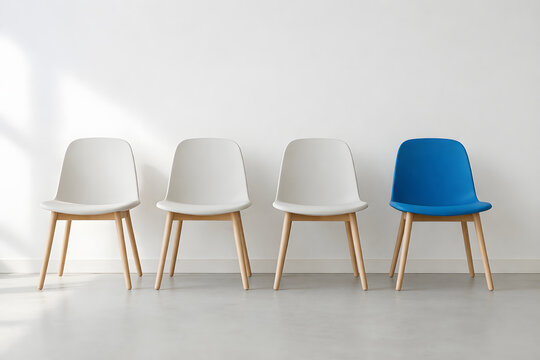 A single blue chair among white chairs in a minimalist room highlights individuality, hiring, and standing out in a professional selection process