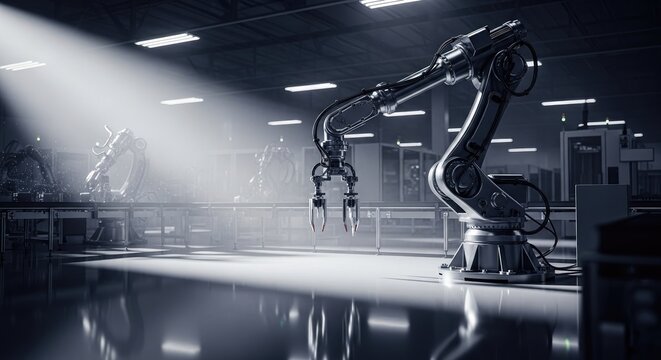 Industrial robotic arm in factory setting under dramatic lighting