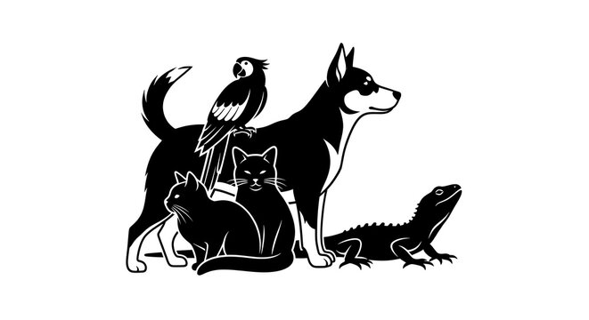 Stylized illustration of a dog, cat, parrot, and lizard in a monochromatic design, creating a playful animal grouping with bold outlines and a modern aesthetic.
