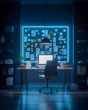 Glowing task board with connected notes above desk in dark office