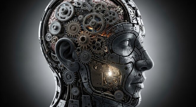 Intricate robot head profile futuristic technology and artificial intelligence