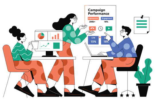 Marketing team discussing campaign performance on computer screens and laptop.