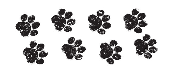 Paw print dog or cat foot, pet stamp. Animal paint footprint, cute doodle. Black grunge texture silhouette isolated on white background. Cartoon crayon icon, Simple vector illustration © Sylfida