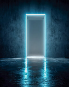 Glowing rectangular portal against dark wall above wet reflective floor with blue streaks