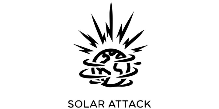 Solar storm and geomagnetic flare hitting planet Earth concept icon. Vector line art illustration of solar attack, space weather, and coronal mass ejection impacting the globe in flat outline style.
